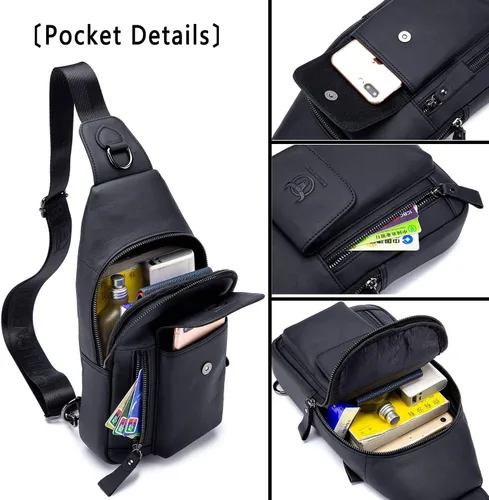 Vista 5 de BULLCAPTAIN Bolso cruzado de cuero para hombre, bolso bandolera de hombro, bolsas casuales para el pecho, para viajes, senderismo, mochilas