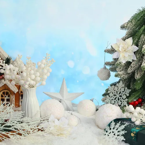 Vista 5 de Moucuny Set de 68 Piezas de Adornos para Árbol de Navidad, Adorno de Bola de Árbol de Navidad con Purpurina Inastillable, Flores de Pascua, Cinta