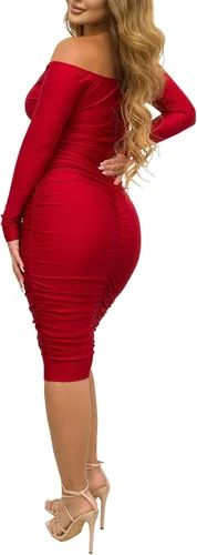 Vista 2 de Vestido midi sexy de mujer con cuello en V profundo, hombros descubiertos, fruncido, ajustado al cuerpo y manga larga para fiestas nocturnas