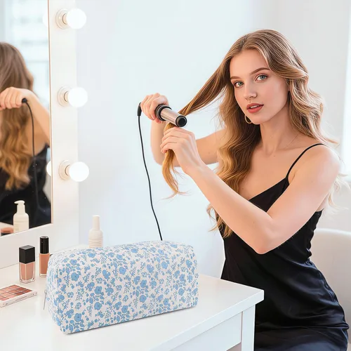Vista 6 de Herramientas para el cabello Bolsa de transporte de viaje, bolsa floral acolchada para Shark Flexstyle Azul