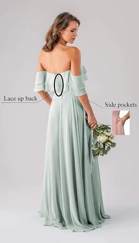 Vista 2 de Gralre Vestidos de dama de honor con hombros descubiertos para mujer, vestidos largos formales con bolsillos, vestido de fiesta de gasa