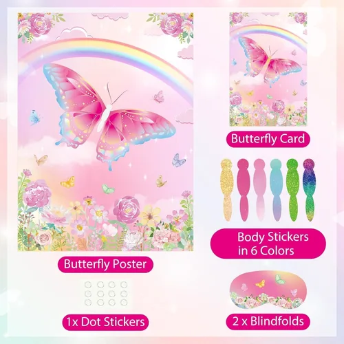 Vista 3 de PLULON Juego de Poner la Cola a la Mariposa para Niños, Póster de Juego de Cumpleaños de Mariposa para Niños y Niñas, Regalos de Fiesta