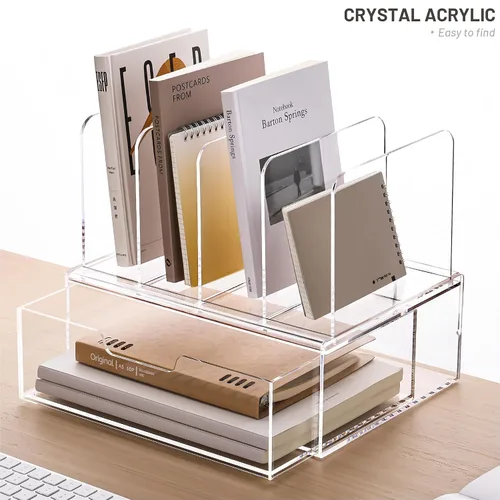 Vista 6 de YUXUN Organizador de escritorio con cajones, organizador de archivos de acrílico con 4 soportes verticales para archivos y 1 cajón deslizante