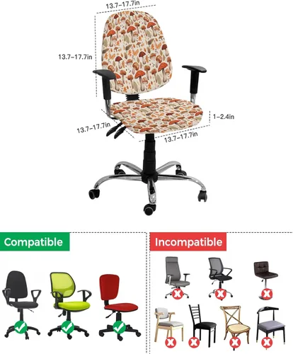 Vista 4 de Funda para silla de oficina, diseño de hongos, diseño de hojas de otoño, protector y elástico, universal, giratorio, 2 piezas, para silla