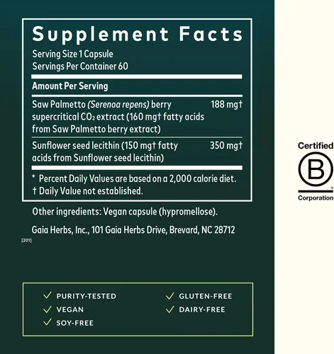 Vista 3 de Gaia Herbs Saw Palmetto - Apoya la función saludable de la próstata y la salud urinaria - Saw Palmetto y lecitina de semillas de girasol para apoyar