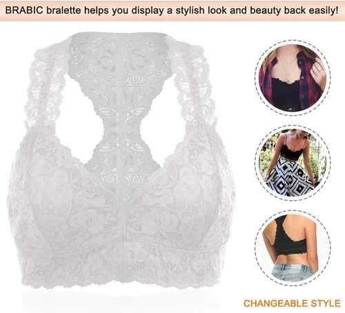 Vista 4 de BRABIC Bralette de encaje con espalda cruzada y cuello en V profundo para mujer