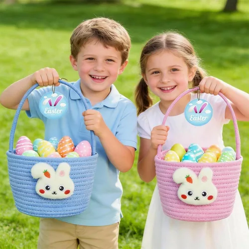 Vista 6 de Cesta de Pascua, cestas de Pascua para niños, cesta de Pascua personalizada para niños y niñas, juego de 2 huevos de conejo vacíos, niños, niñas