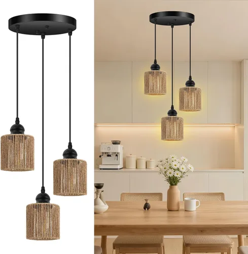 Vista 10 de BoostArea Luces Colgantes de Ratán para Isla de Cocina, Candelabro de Estilo Rústico con Pantalla de Mimbre Tejida a Mano, Luz Colgante Bohemia