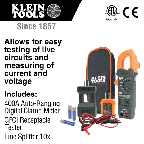 Vista 3 de Klein Tools CL120KIT - Kit de medidor de abrazadera digital de rango automático y probador de salida GFCI RT250 con pantalla LCD, probador
