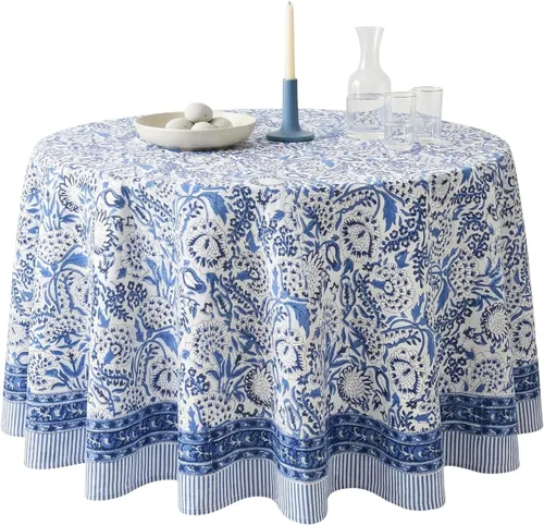Vista 49 de ATOSII Amalfi - Mantel redondo de verano 100% algodón, estampado en bloques, para comedor, bodas, exteriores, fiestas, I Grand Millenial Farmhouse