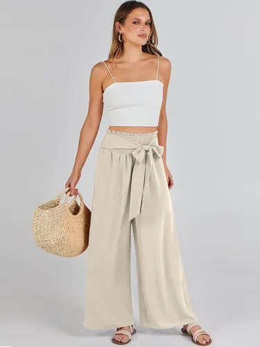 Vista 5 de Caracilia Pantalones de descanso de pierna ancha para mujer con bolsillos, cintura alta, pantalones palazzo largos y fluidos, ajustables, con nudo