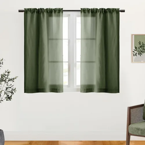Vista 12 de Cortinas rústicas para ventana de cocina, cortinas de lino transparentes con bolsillo para barra para ventanas cortas, juego de 2 paneles, 42