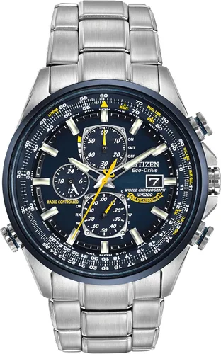 Vista 6 de Citizen Men's Eco-Drive Sport Luxury World Chronograph Atomic Time Keeping Watch Correa de cuero azul y esfera azul