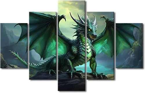 Vista 47 de Lienzo decorativo para pared de sala de estar, lienzo de dragón, 5 paneles, dragón verde, decoración de pared para el hogar, decoración de pared