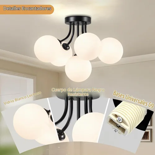 Vista 5 de Lámpara de techo Sputnik negra montaje semiempotrado lámpara de techo de 5 luces con globo blanco lechoso moderna lámpara de araña Sputnik