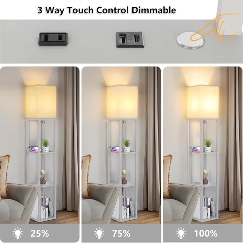 Vista 2 de FOLKSMATE Lámpara de pie LED con estantes, moderna lámpara de pie regulable con 2 puertos USB y 1 toma de corriente, lámparas altas de esquina