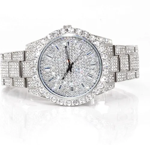 Vista 4 de Techno Pave Reloj de bisel solitario helado de 1.732 in para hombre, esfera baguette