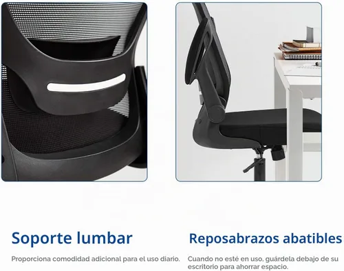 Vista 7 de Silla ergonómica de malla para oficina, con respaldo lumbar, giratoria, con ruedas, ejecutiva, con brazos y respaldo medio ajustable, para Negro