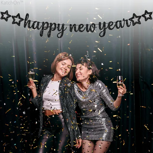 Vista 3 de KatchOn, Cartel de feliz año nuevo con purpurina negra – 10 pies, sin bricolaje Cartel negro de feliz año nuevo Suministros para fiesta de Año