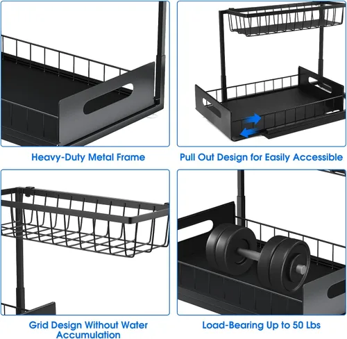 Vista 5 de Organizador para debajo del fregadero, estante de almacenamiento extraíble de 2 niveles, organizador de metal resistente al óxido para cocina, baño