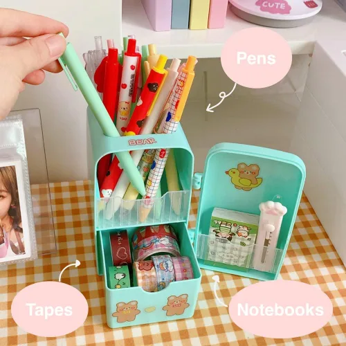 Vista 5 de JHTPSLR Caja organizadora Kawaii de artículos de papelería para refrigerador, soporte para bolígrafos, lindo contenedor estético para guardar