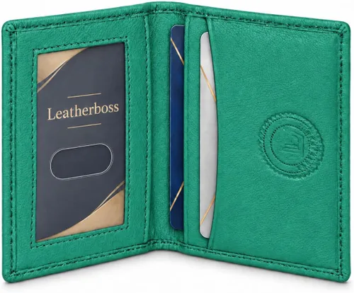 Vista 17 de Leatherboss Cartera Bifold Delgada de Cuero Genuino Porta Tarjetas de Crédito, Débito e ID Compacta y Elegante con Ventanas Transparentes