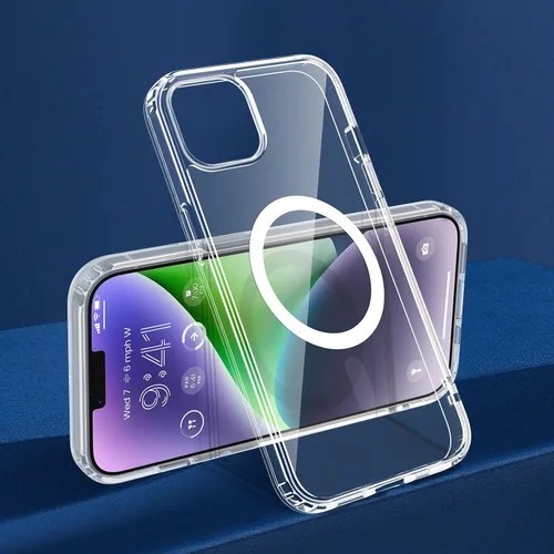 Vista 4 de VEGO Funda para iPhone 13 y iPhone 14, con imanes integrados, parte trasera de policarbonato duro transparente + funda delgada de TPU suave