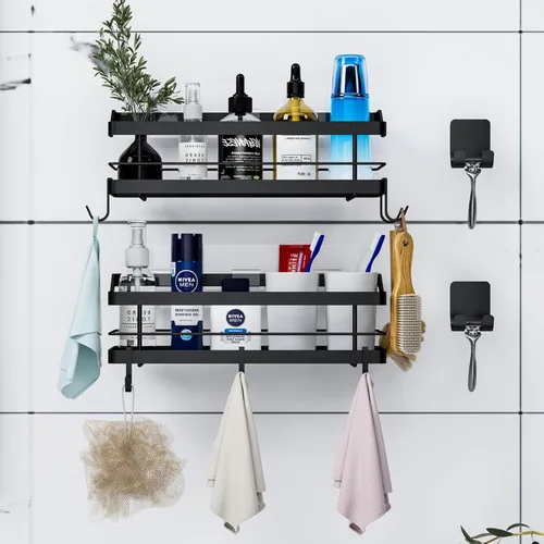 Vista 3 de Estante de baño para ducha, paquete de 2, cesta con 8 ganchos para colgar champú acondicionador, estante de acero inoxidable, organizador