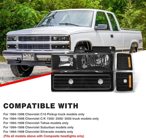 Vista 8 de Conjunto de faros delanteros para 1994-1998 Chevy Silverado/Suburban/Tahoe / C10 Pickup/C/K 1500 2500 3500 Camioneta, carcasa negra con reflector