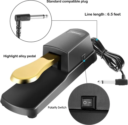 Vista 3 de Pedal de sostenimiento universal adecuado para teclados electrónicos Yamaha Casio Roland, piano digital y más dorado