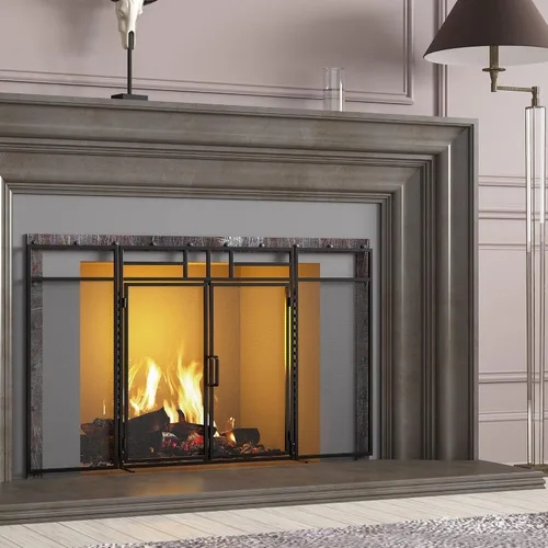 Vista 3 de Fire Beauty - Pantalla para chimenea de 3 paneles plegable con puertas magnéticas con bisagras, paneles de hierro forjado sólido, protector contra