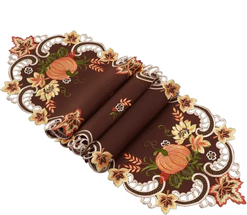 Vista 2 de Caminos de mesa bordados marrones de cosecha de Acción de Gracias para decoraciones de otoño u otoño (14 x 34 pulgadas)