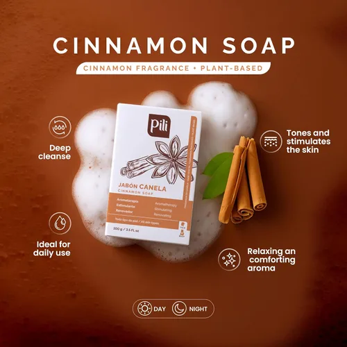 Vista 4 de Pili Natural Barras de jabón de canela (paquete de 3) para rostro y cuerpo, limpiador hidratante para mujeres, hombres, adolescentes y todo