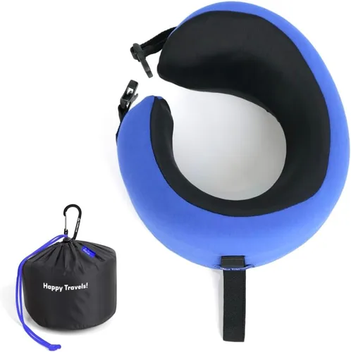 Vista 18 de C CUSHION LAB Almohada de viaje, galardonado diseño ergonómico patentado para mentón y cuello, almohada de espuma viscoelástica para el cuello Azul