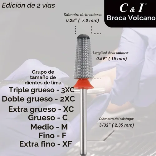 Vista 5 de C & I Taladro de uñas, broca de volcán, edición de 2 vías para técnicos de uñas para eliminar geles de uñas, uñas acrílicas y sumergir, broca