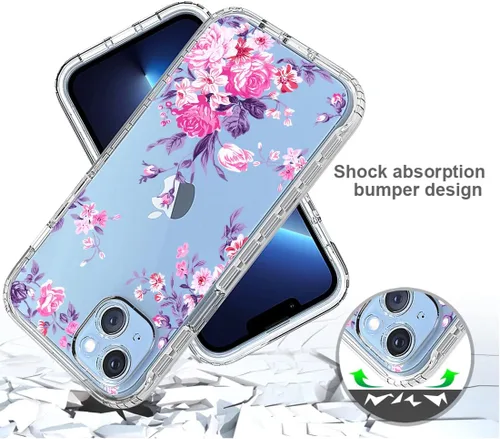 Vista 8 de Funda para iPhone 14 Plus con protector de pantalla de vidrio templado, cuerpo completo transparente floral TPU delgado funda protectora para Apple