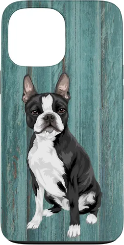 Vista 24 de Boston Terrier Faux Blue Wood Background Case for iPhone 17