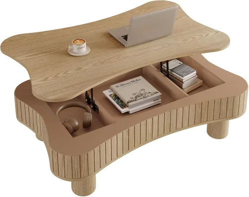 Vista 5 de Mesa auxiliar elevable con almacenamiento, moderna mesa central de 42 pulgadas con tres paneles de almacenamiento ocultos y estriados, elevación