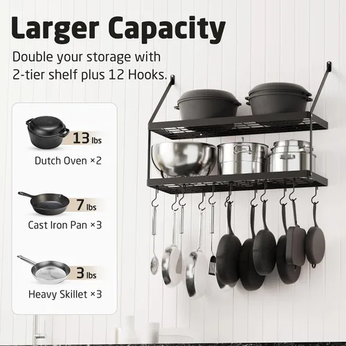 Vista 2 de KES KUR218S75B-BK - Estante para colgar ollas y sartenes para cocina de 30 pulgadas, 2 niveles, con 12 ganchos, organizador para colgar, color negro