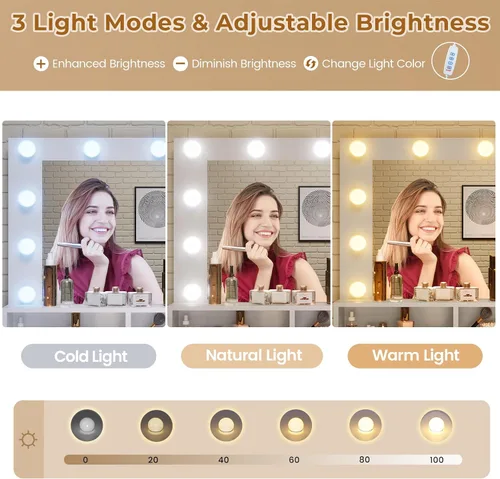 Vista 3 de Tiptiper - Tocador de maquillaje blanco con 10 bombillas, mesa de tocador moderna con espejo y 3 modos de iluminación, mesa de maquillaje con 2