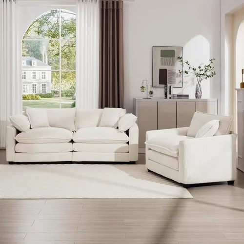 Vista 7 de mikibama Juego de sofá de lujo de 2 piezas, sofá de dos plazas y sillón, juego de sofás de pana moderna cómodos tipo nube para sala de estar