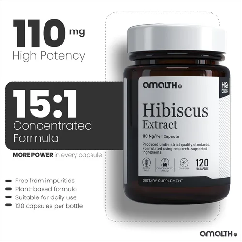 Vista 3 de AMALTH Cápsulas de hibisco 1650 mg de fuerza equivalente 15:1 extracto de hibisco concentrado Vegano, sin OMG, sin gluten 120 cápsulas