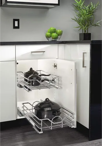 Vista 3 de Rev-A-Shelf Organizador individual de acero extraíble para gabinetes de cocina y baño, cesta de almacenamiento de alambre con cierre suave, cromo