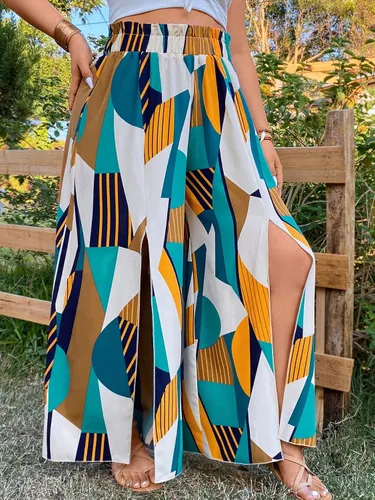 Vista 4 de WDIRARA Pantalones de pierna ancha con cordón en la cintura con estampado de talla grande para mujer