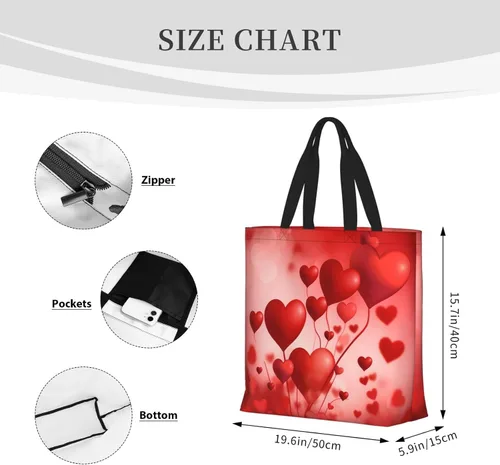 Vista 4 de Bolsa de mano con globo de corazón para mujer, bolsa reutilizable para el día de San Valentín, bolsa de compras de comestibles con cremallera, bolsa