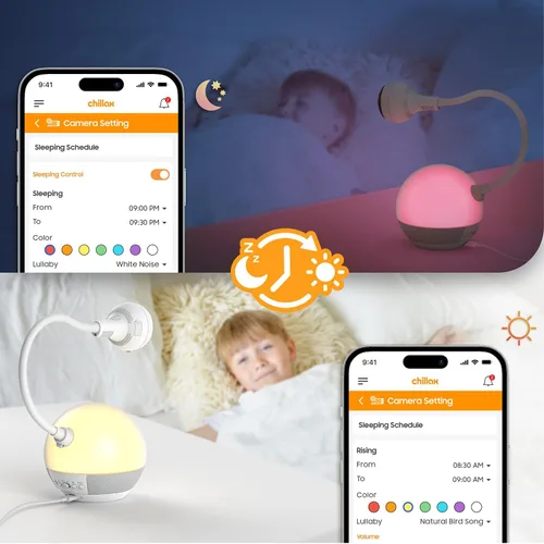 Vista 4 de CHILLAX Baby Monitor Baby Mood Plus, cámara HD 1080p de 5 pulgadas, monitor de bebé Wi-Fi, con entrenador de sueño y luz de estado de ánimo, cuello