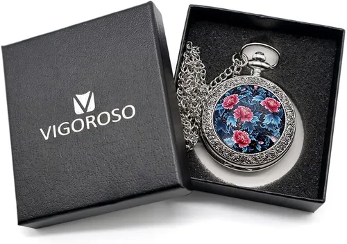 Vista 9 de VIGOROSO Cuarzo Hermoso Peony Bird Esmalte Pintura Steampunk Relojes de bolsillo de plata en caja