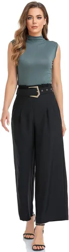 Vista 5 de Zindleec Pantalones largos palazzo de cintura alta para mujer, estilo casual, pierna ancha, pantalones largos para oficina y trabajo