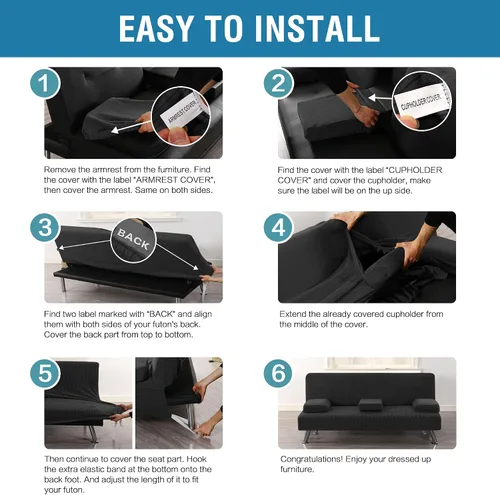 Vista 6 de LiveGo Funda para futón, 4 piezas, elásticas, para futón, sofá cama, con reposabrazos extraíbles y portavasos, protector de muebles, tela jacquard
