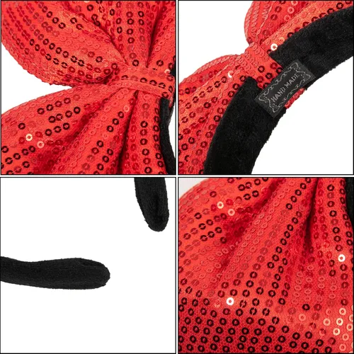 Vista 4 de CHuangQi Diademas de lazo rojo con lentejuelas de doble cara para niñas y mujeres, lindas bandas para el cabello hechas a mano para fiestas o cosplay